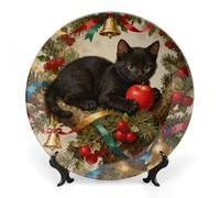 FekiLoot Cat on The Christmas Tree Decorative Plates Bone China Plates with Stand for Display 6inch Round Ceramic Dinner Plates Dessert Plate for Kitchen Party Coffee Table Decor Art