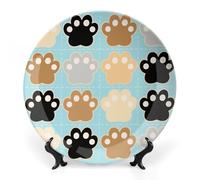 FekiLoot Cat Pawprints Decorative Plates Bone China Plates with Stand for Display 8inch Round Ceramic Dinner Plates Dessert Plate for Kitchen Party Coffee Table Decor Art
