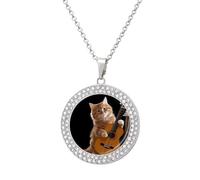 FekiLoot Cat Playing The Guitar Necklace Charm Round Coin Pendant Necklace Elegant Circle Chain Pendant Fashion Disc Jewelry Necklace Circle Diamond Necklace for Women Men, One size, Metal, No