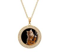 FekiLoot Cat Playing The Guitar Necklace Charm Round Coin Pendant Necklace Elegant Circle Chain Pendant Fashion Disc Jewelry Necklace Circle Diamond Necklace for Women Men, One size, Metal, No