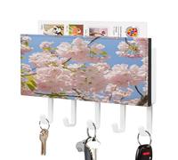 FekiLoot Cherry Blossom Key Holder for Wall Rustic Key Hooks with Shelf and Mail Organizer Wall Mount PU Leather Keys Rack with 5 Hooks for Home Decor Hallway Entryway
