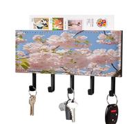 FekiLoot Cherry Blossom Key Holder for Wall Rustic Key Hooks with Shelf and Mail Organizer Wall Mount PU Leather Keys Rack with 5 Hooks for Home Decor Hallway Entryway
