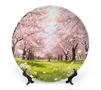 FekiLoot Cherry Blossom Meadow Decorative Plates Bone China Plates with Stand for Display 7inch Round Ceramic Dinner Plates Dessert Plate for Kitchen Party Coffee Table Decor Art