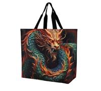 FekiLoot Chinese Dragon Shopping Bag Foldable, Multipurpose Shoulder Bag, Reusable Grocery Bag Holder with Long Shoulder Strap, Waterproof Tote Bags for Work, Beach, Travel