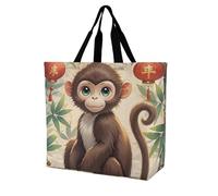FekiLoot Chinese Style Monkey Shopping Bag Foldable, Multipurpose Shoulder Bag, Reusable Grocery Bag Holder with Long Shoulder Strap, Waterproof Tote Bags for Work, Beach, Travel