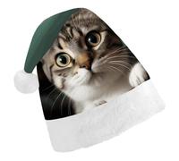 FekiLoot Christmas Hat A Curious Cat Santa Cap for Adults Xmas Hat Comfort Extra Plush for New Year Festive Holiday Party