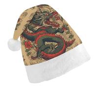 FekiLoot Christmas Hat Beige Dragon Pattern Santa Cap for Adults Xmas Hat Comfort Extra Plush for New Year Festive Holiday Party
