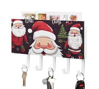 FekiLoot Christmas Santa Claus Key Holder Wall Mount PU Leather Adhesive Key Rack with 5 Hooks Decorative Keys Storage Holder Mail Organizer Decor for Entryway Hallway Office Kitchen White