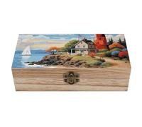 FekiLoot Coastal Lighthouse Wood Keepsake Box Personalized Wooden Jewelry Box Large Decorative Storage Boxes With Hinged Lid Rustic Style Jewelry Organizer for Desk Home Office