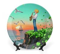 FekiLoot Coastal Singing Decorative Plates Bone China Plates with Stand for Display 6inch Round Ceramic Dinner Plates Dessert Plate for Kitchen Party Coffee Table Decor Art
