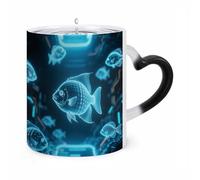 FekiLoot Color Changing Mugs Digital Holographic Fish Heat Sensitive Coffee Mug Novelty Ceramic Cup with Handle Magic Cups Temperature Changing Coffee Tumblers for Women Men Funny Gifts 11 Oz