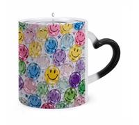 FekiLoot Color Changing Mugs Transparent Glass Happy Face Heat Sensitive Coffee Mug Novelty Ceramic Cup with Handle Magic Cups Temperature Changing Coffee Tumblers for Women Men Funny Gifts 11 Oz