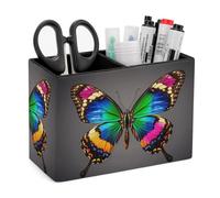 FekiLoot Colorful Butterfly Pen Holder Double Compartments PU Leather Pencil Storage Box Square Desk Stationery Organizers Remote Control Accessories Container for Home Office