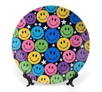 FekiLoot Colorful Happy Faces Decorative Plates Bone China Plates with Stand for Display 8inch Round Ceramic Dinner Plates Dessert Plate for Kitchen Party Coffee Table Decor Art