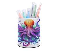 FekiLoot Colorful Octopus Round Pencil Holder PU Leather Pen Cup Container Desk Organizer Desktop Storage Box Stationery Brush Scissor Holders for Home School Office Supply
