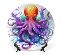 FekiLoot Colorful OctopusDecorative Plate Round Ceramic Plates with Display Stand Salad & Dessert Serving Plates Home Table Art Decoration for Kitchen Dining Room Wine Cabinet 7inch