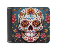FekiLoot Colorful Sugar Skull PU Leather Wallet Bifold Wallet Front Pocket Wallets Fashion Purse Slim Billfold Credit Card Holder