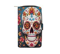 FekiLoot Colorful Sugar Skull Wallet Large Capacity Travel Double Fold Wallets Portable Zipper Leather Purse for Women Men