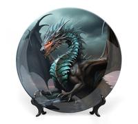 FekiLoot Cool DragonDecorative Plate Round Ceramic Plates with Display Stand Salad & Dessert Serving Plates Home Table Art Decoration for Kitchen Dining Room Wine Cabinet 7inch