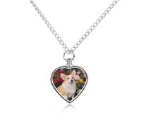 FekiLoot Corgi Floral Flowers Spring Garden Urn Necklaces for Ashes Personalized Human Pet Cremation Jewelry Keepsake Locket Heart Pendant with Filling Kit Memorial Gift for Dog Cat Lover Women Men