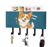 FekiLoot Corgi I Love You Key Holder Wall Mount PU Leather Adhesive Key Rack with 5 Hooks Decorative Keys Storage Holder Mail Organizer Decor for Entryway Hallway Office Kitchen Black