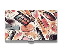 FekiLoot Cosmetic And Makeup Theme Pattern Business Card Holder for Men & Women Professional Stainless Steel Business Card Case Large Capacity Slim Purse Name Cards Holders Buckle Style Shut