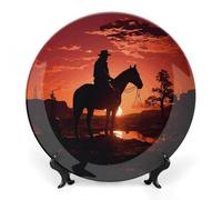 FekiLoot Cowboy West Decorative Plates Bone China Plates with Stand for Display 7inch Round Ceramic Dinner Plates Dessert Plate for Kitchen Party Coffee Table Decor Art