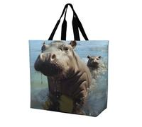 FekiLoot Cute Baby Hippos Shopping Bag Foldable, Multipurpose Shoulder Bag, Reusable Grocery Bag Holder with Long Shoulder Strap, Waterproof Tote Bags for Work, Beach, Travel