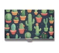 FekiLoot Cute Cactus Seamless Illustration Business Card Holder for Men & Women Professional Stainless Steel Business Card Case Large Capacity Slim Purse Name Cards Holders Buckle Style Shut