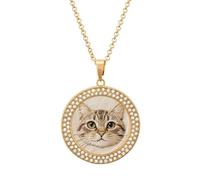 FekiLoot Cute Cat Embroidery Pendant Necklace for Women Men Elegant Diamond Circle Necklaces with 19.7 Inch Chain, Zinc Diamond Jewelry for Birthday Christmas Valentine's Day Gift, One Size, Zinc