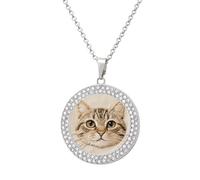 FekiLoot Cute Cat Embroidery Pendant Necklace for Women Men Elegant Diamond Circle Necklaces with 19.7 Inch Chain, Zinc Diamond Jewelry for Birthday Christmas Valentine's Day Gift, One Size, Zinc
