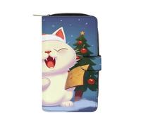 FekiLoot Cute Cat Sing Christmas Carols Leather Wallet with Zipper, Bifold Stylish Wallets with Multiple Card Slots Leather Money Clip Mini Purse for Men Women