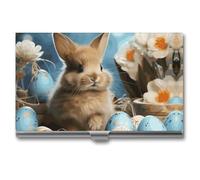 FekiLoot Cute Easter Eggs Rabbit Business Card Holder for Men & Women Professional Stainless Steel Business Card Case Large Capacity Slim Purse Name Cards Holders Buckle Style Shut