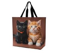 FekiLoot Cute Kitten Black And Orange Cat Shopping Bag Foldable, Multipurpose Shoulder Bag, Reusable Grocery Bag Holder with Long Shoulder Strap, Waterproof Tote Bags for Work, Beach, Travel