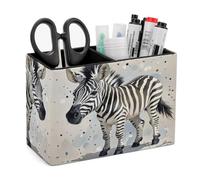 FekiLoot Cute Zebra Watercolor Pen Holder Double Compartments PU Leather Pencil Storage Box Square Desk Stationery Organizers Remote Control Accessories Container for Home Office