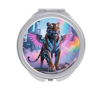 FekiLoot Cyber Hippie Tiger Compact Mirror 1x/2x Magnifying Mirror Travel Makeup Mirrors Cute Pocket Small Mirrors for Women Ideal Gift on Birthday, Christmas, Graduation Round Silver