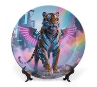 FekiLoot Cyber Hippie Tiger Decorative Plates Bone China Plates with Stand for Display 8inch Round Ceramic Dinner Plates Dessert Plate for Kitchen Party Coffee Table Decor Art