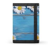 FekiLoot Daisy Flowers Blue Wooden Wallet Compact Blocking Trifold Wallets with Zipper Minimalist Purse Wallet Credit Card Holder