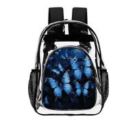 FekiLoot Dark Blue Butterflies Clear Backpacks PVC Transparent,Bookbag for Adult,Adjustable Straps,Travel Backpack with Pouch Pocke for Capacity Cup