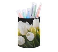 FekiLoot Different Flowers Round Pencil Holder PU Leather Pen Cup Container Desk Organizer Desktop Storage Box Stationery Brush Scissor Holders for Home School Office Supply