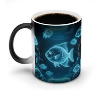 FekiLoot Digital Holographic Fish Color Changing Mugs Heat Sensitive Coffee Mug Novelty Ceramic Cup with Handle Magic Cups Temperature Changing Coffee Tumblers for Women Men Funny Gifts 11 Oz
