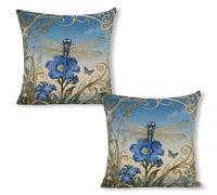 FekiLoot Dragonfly Forget-me-not Pillow Covers 18"x18"（2pcs） Decorative Throw Pillow Cases Outdoor Linen Vintage Flowers Cushion Cover Farmhouse Neutral Pillowcase for Couch Home Sofa Decor