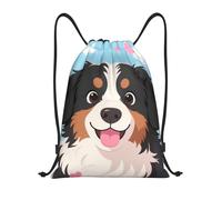 FekiLoot Drawstring Backpack String Bag Lightweight Sport Gym Travel Sackpack Bernese Dog Hearts Cinch Bags Waterproof Beach Bag For Women Men, Black, 16.9x14 inch