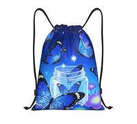 FekiLoot Drawstring Backpack String Bag Lightweight Sport Gym Travel Sackpack Blue Glitter Butterfly Cinch Bags Waterproof Beach Bag For Women Men, Black, 19.6x16.5 inch