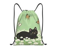 FekiLoot Drawstring Backpack String Bag Lightweight Sport Gym Travel Sackpack Cat Kitten Daisy Cinch Bags Waterproof Beach Bag For Women Men, Black, 16.9x14 inch