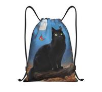 FekiLoot Drawstring Backpack String Bag Lightweight Sport Gym Travel Sackpack Cat Tapestry Moon Butterfly Cinch Bags Waterproof Beach Bag For Women Men, Black, 16.9x14 inch