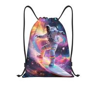 FekiLoot Drawstring Backpack String Bag Lightweight Sport Gym Travel Sackpack Colorful Astronaut Surfing In Galaxy Cinch Bags Waterproof Beach Bag For Women Men, Black, 19.6x16.5 inch