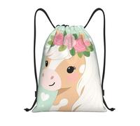 FekiLoot Drawstring Backpack String Bag Lightweight Sport Gym Travel Sackpack Cute Horse With Flowers Cinch Bags Waterproof Beach Bag For Women Men, Black, 16.9x14 inch
