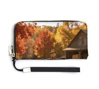 FekiLoot Elegant Autumn Field Watchman Women's Wallet with Zip Hand Strap PU Leather Card Holder Slim Cute Wristlet Wallet for Ladies Portable Travel Long Purse for Women