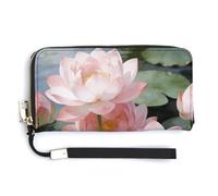FekiLoot Elegant Bright Sunny Day, Lotus Flowers Women's Wallet with Zip Hand Strap PU Leather Card Holder Slim Cute Wristlet Wallet for Ladies Portable Travel Long Purse for Women